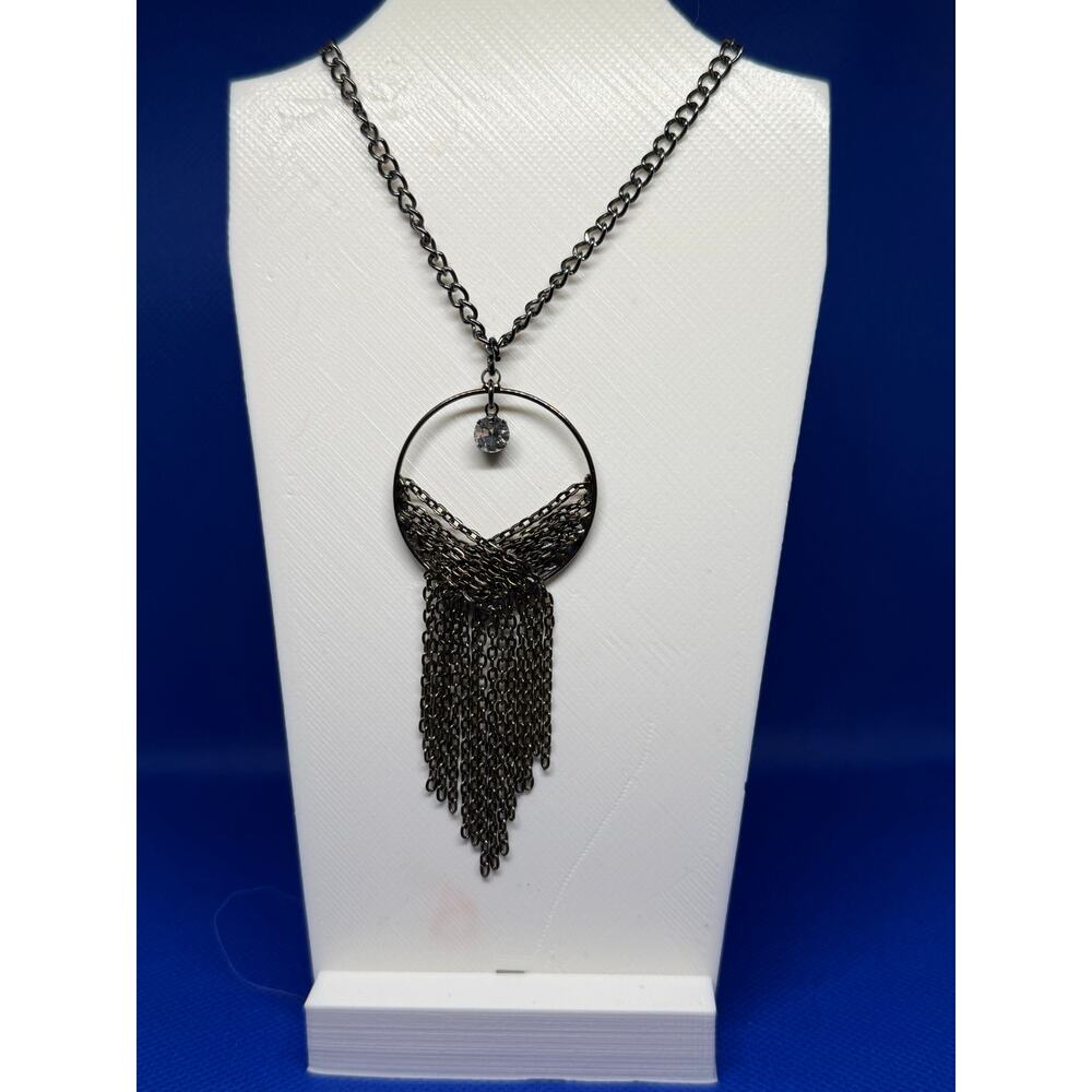 🧚🏻‍♀️ Handmade Statement Necklace Gunmetal Fringe Pendant 24” Chain Crystal